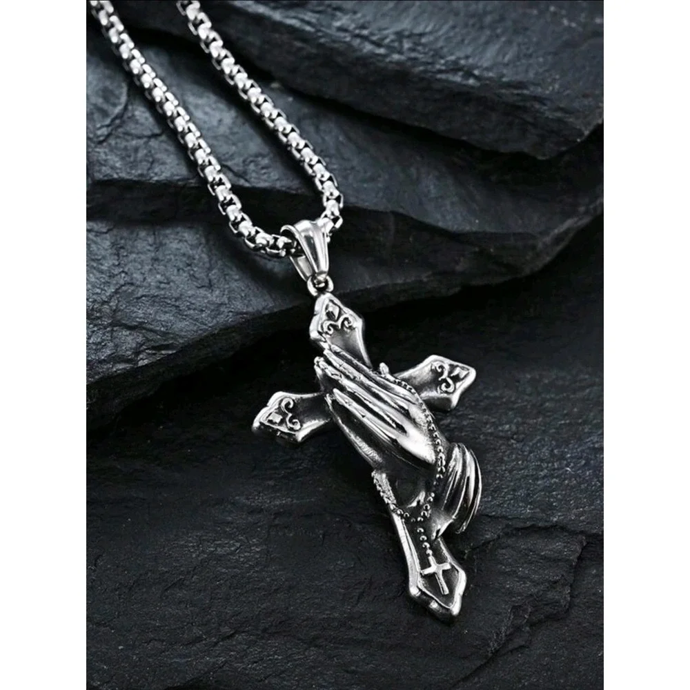 Mens Stainless Steel Praying Hands Cross Pendant‎ Necklace Religious Jewelry